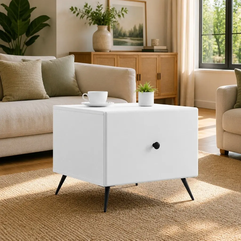 Coffee Table Engineered Wood Rectangular White with Drawer