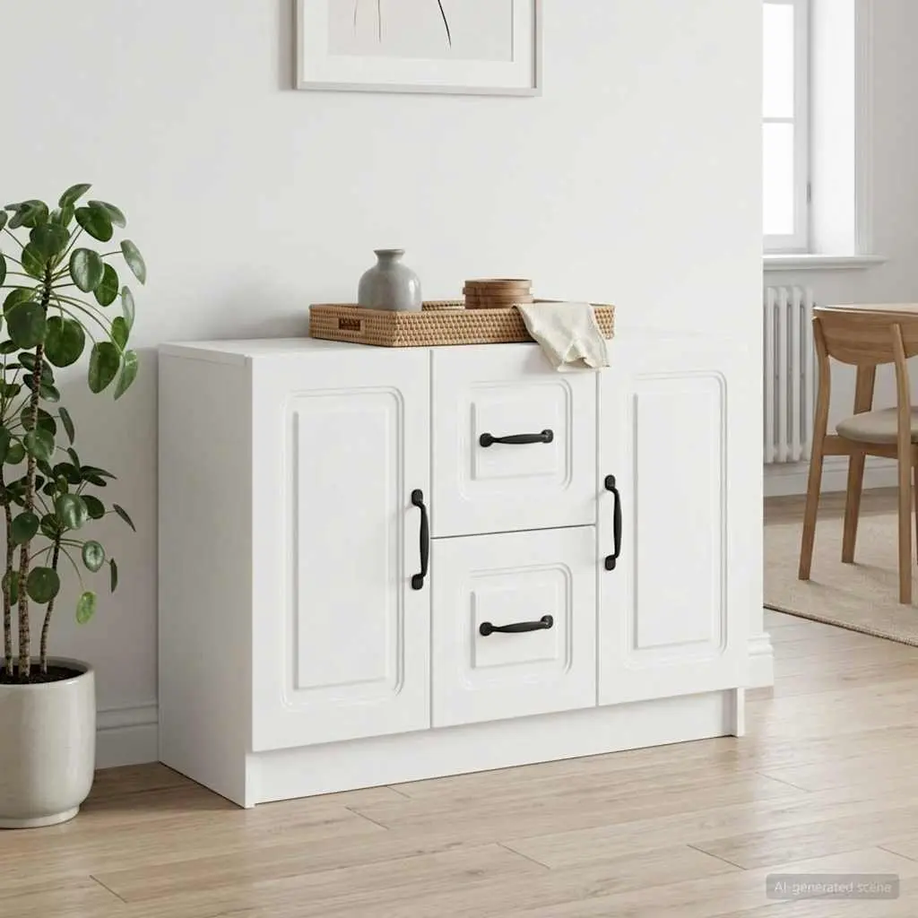 Sideboard Storage Cabinet Engineered Wood White Buffet Organizer with Multiple Shelves and Drawers for Dining Room and Lounge