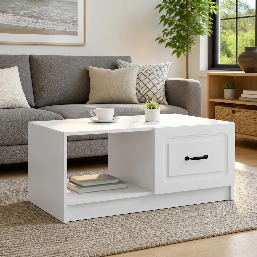 Coffee Table Engineered Wood 90 x 50 x 37 cm White Storage Accent Table with Swing Doors