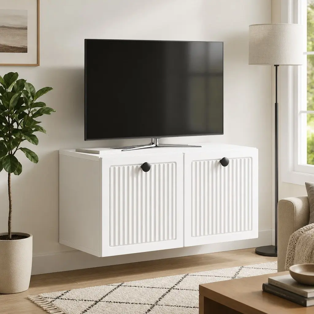 Wall Mounted Storage Unit Engineered Wood White 59.5 x 31 x 30 cm Swing Hinge Doors for Entertainment Equipment