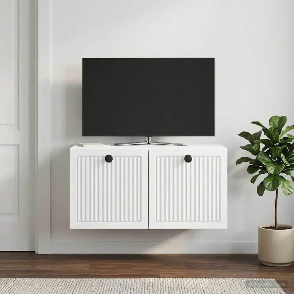 Wall Mounted Storage Unit Engineered Wood White 59.5 x 31 x 30 cm Swing Hinge Doors for Entertainment Equipment