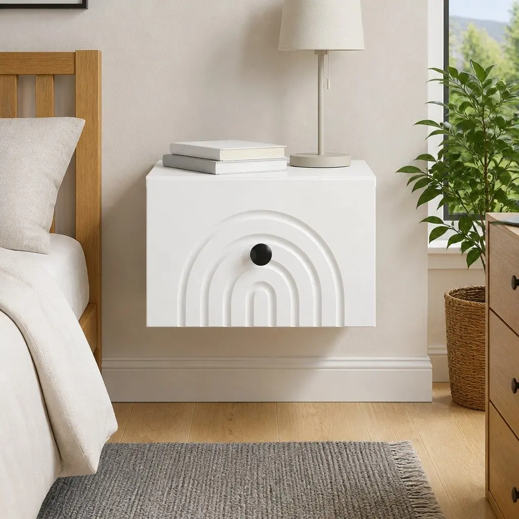 Wall-Mounted Bedside Cabinet Engineered Wood White Storage Drawer Organiser