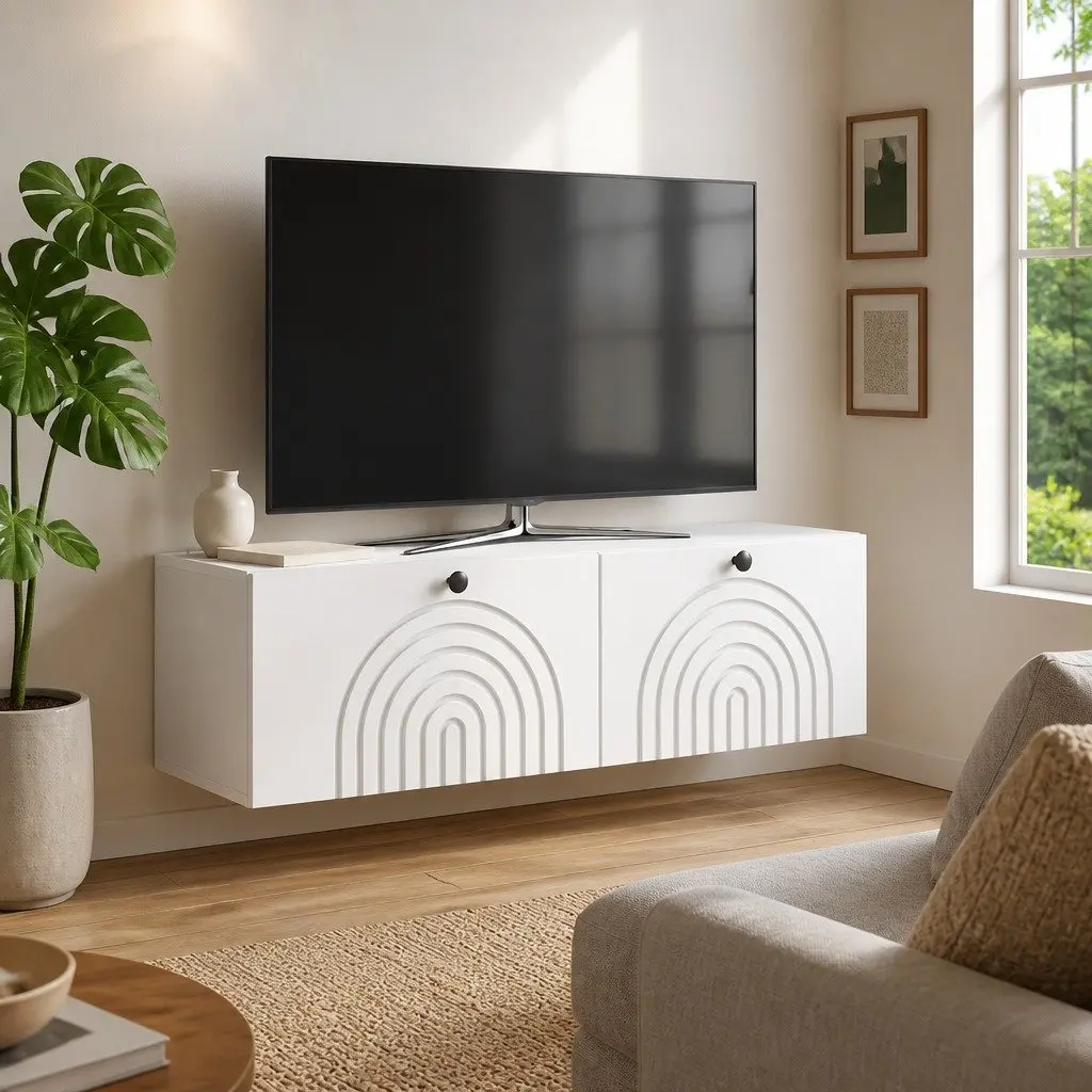 Wall-Mounted TV Cabinet Engineered Wood White 98x31x30cm Space Saving Media Storage Living Room Unit
