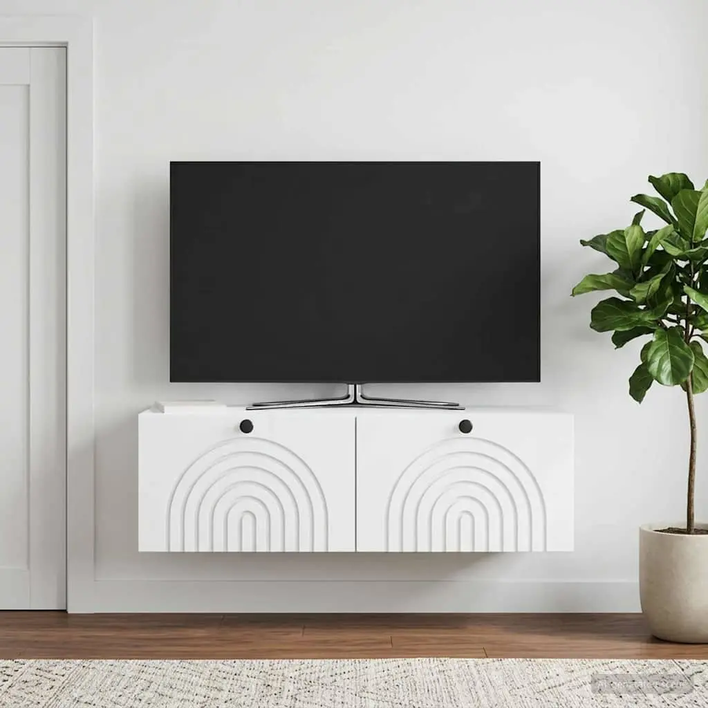 Wall-Mounted TV Cabinet Engineered Wood White 98x31x30cm Space Saving Media Storage Living Room Unit