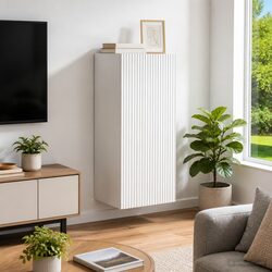 White Wall-Mounted Storage Cabinet with Shelves Drawer and LED Lights Modern