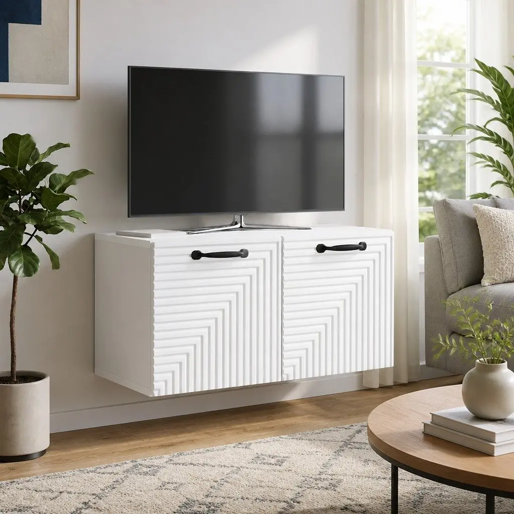 Wall Mounted TV Stand Engineered Wood Modern White 59.5x31x30cm Storage Unit for Living Room