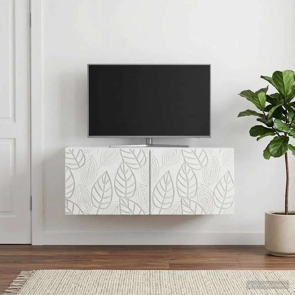 White TV Cabinet Wall Mounted Engineered Wood 98x41x30cm Storage Unit with Hinged Doors for Entertainment and Household Items