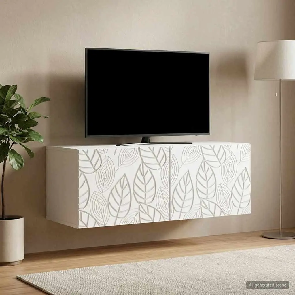 Wall Mounted Storage Unit White Engineered Wood 98x31cm with 90 Degree Swing Hinge Doors for Living Room Media and Décor