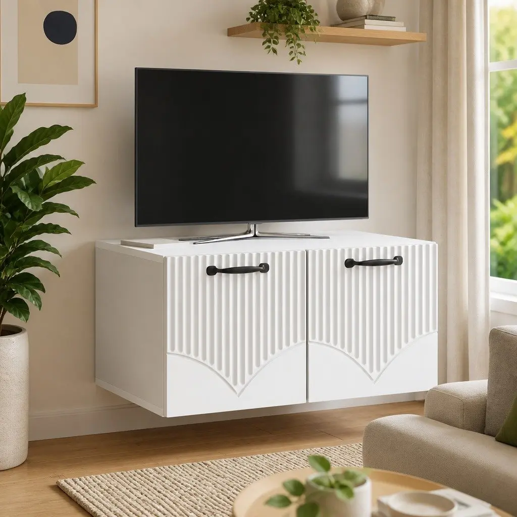 White Wall-Mounted TV Cabinet for Media Storage