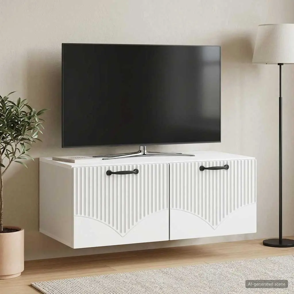 Wall-Mounted Entertainment Unit White Engineered Wood Modern Storage Cabinet 785x41x30cm with Swing Hinged Doors