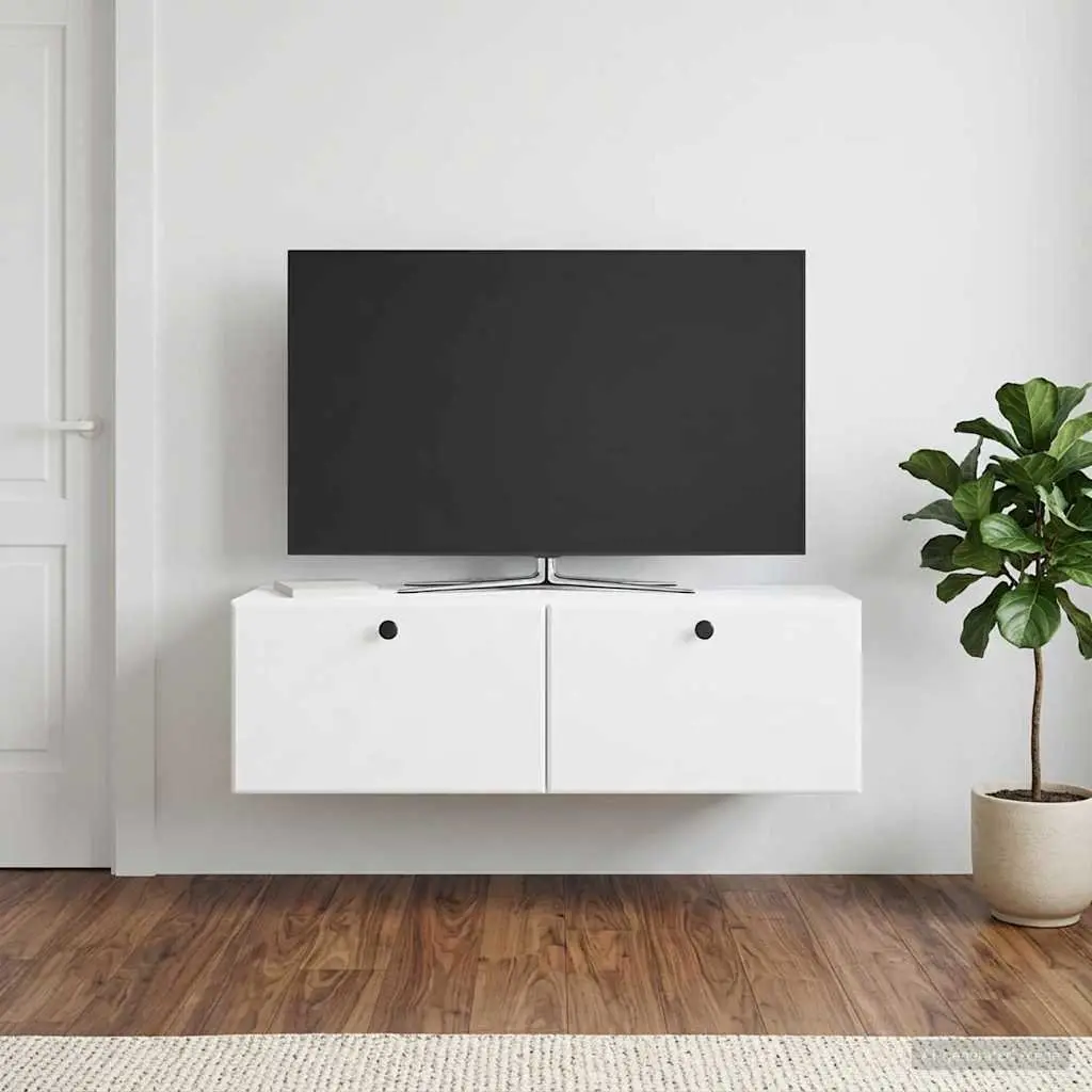 Wall Mounted Storage Unit Engineered Wood 98x31x30cm White Living Room Organizer with Swing Hinge Doors
