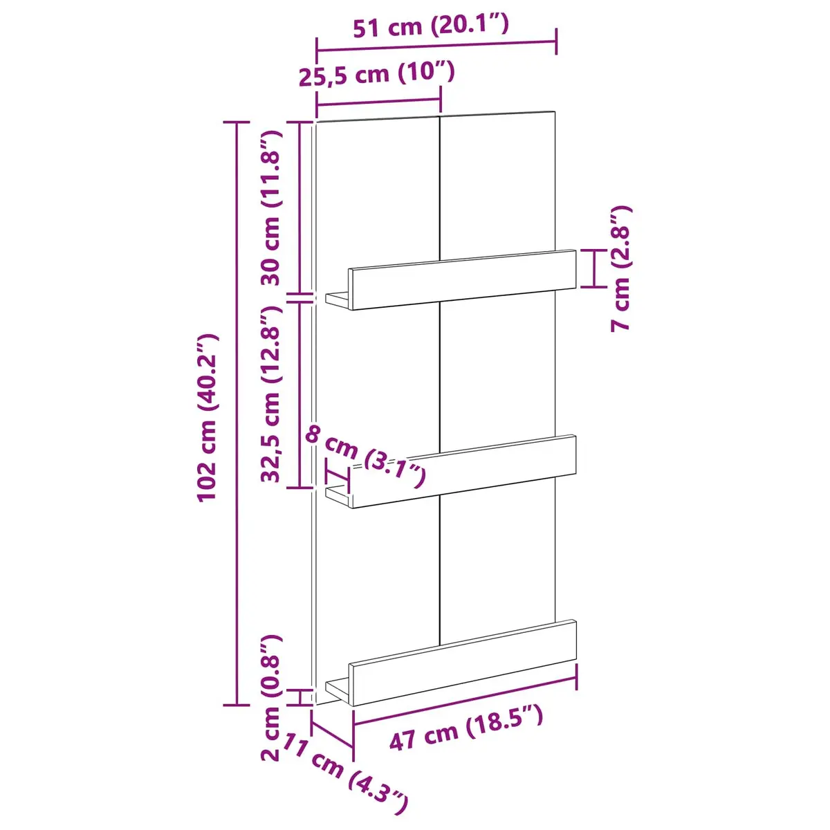 Magazine Rack Engineered Wood 51 x 11 x 102 cm White Storage Organiser