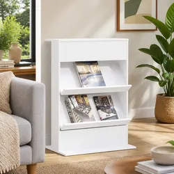 Versatile White Magazine Rack with Shelf for Home Use