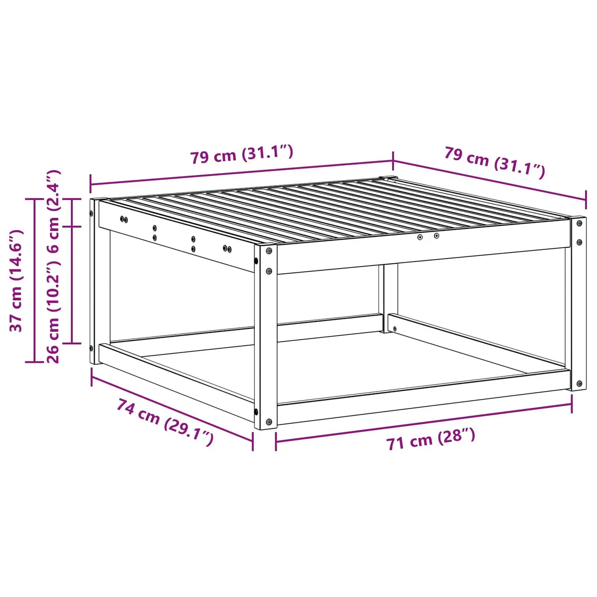 Outdoor Garden Table Natural 79 x 79 x 37 cm Patio Side Table Slatted Design