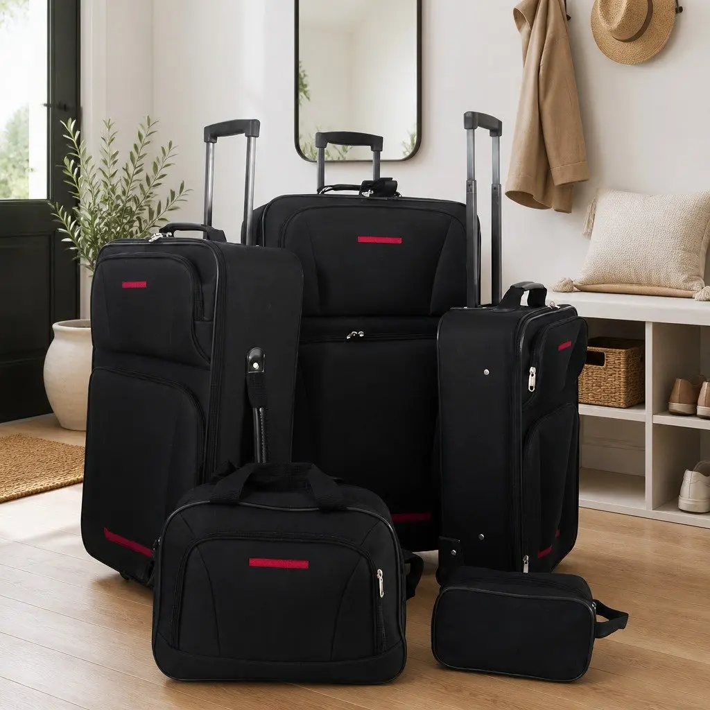 5 Piece Trolley Luggage Set Lightweight Black Travel Suitcase with Telescopic Handles and Smooth Rolling Wheels