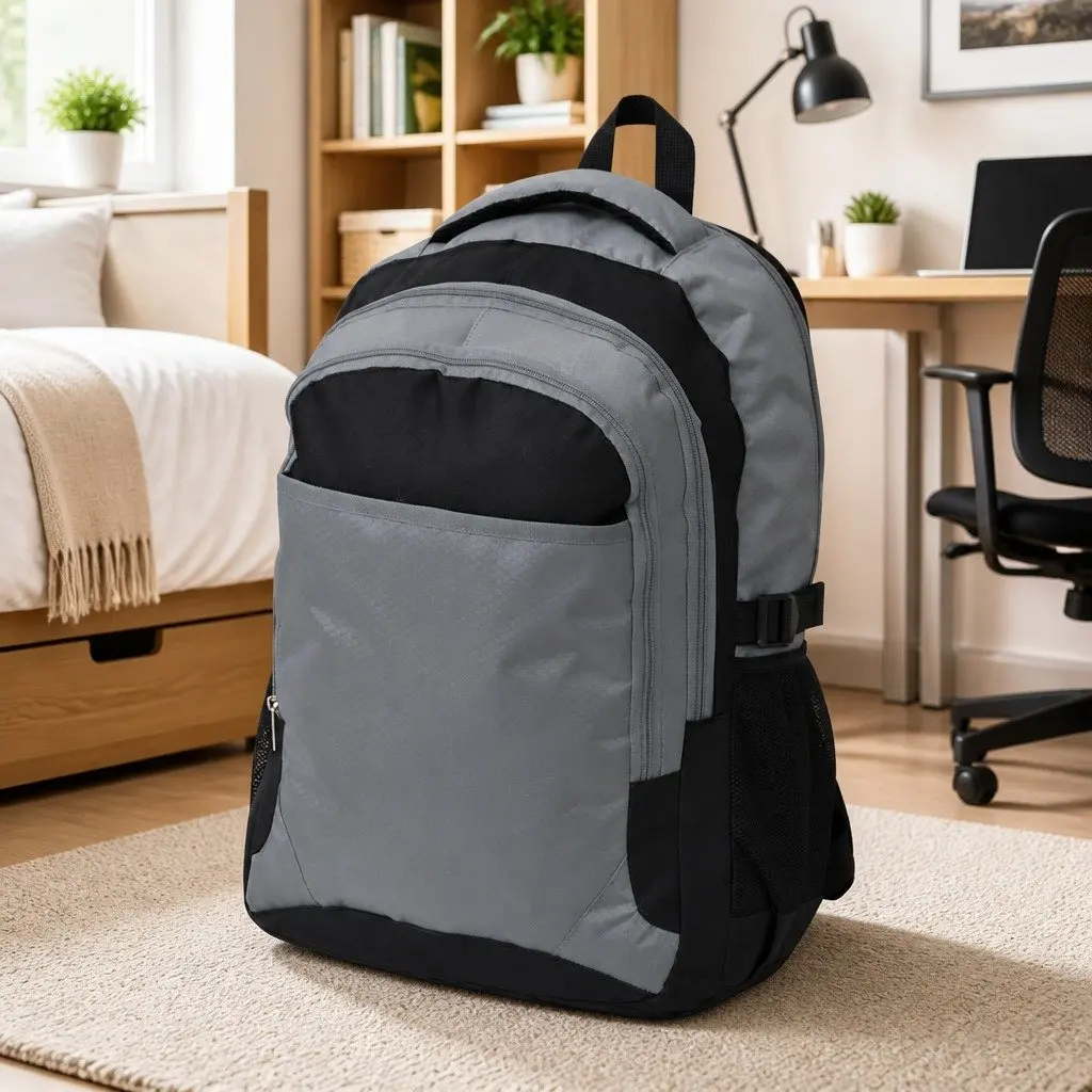 School Backpack Coated 600D Polyester 40L Grey Large Capacity with 3 Compartment and 2 Mesh Side Pockets