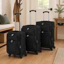3 Piece Soft Case Trolley Set Black Luggage Suitcase Travel Bag with Handles