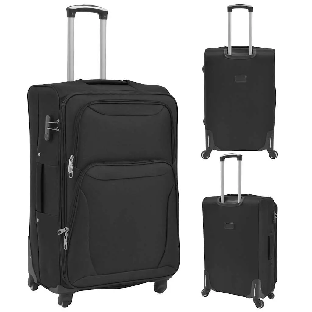 3 Piece Black Soft Case Trolley Set Durable Lightweight Luggage with Telescopic Handle and 360 Degree Castors