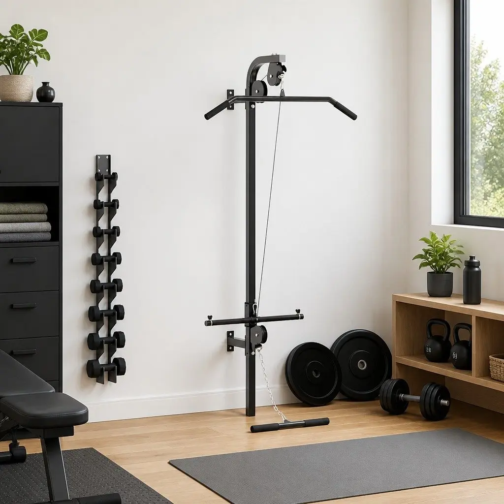Home Gym System Wall Mounted Steel Construction with Dual Pulleys Lat Pull Down Bar and Cable Pull Up Black