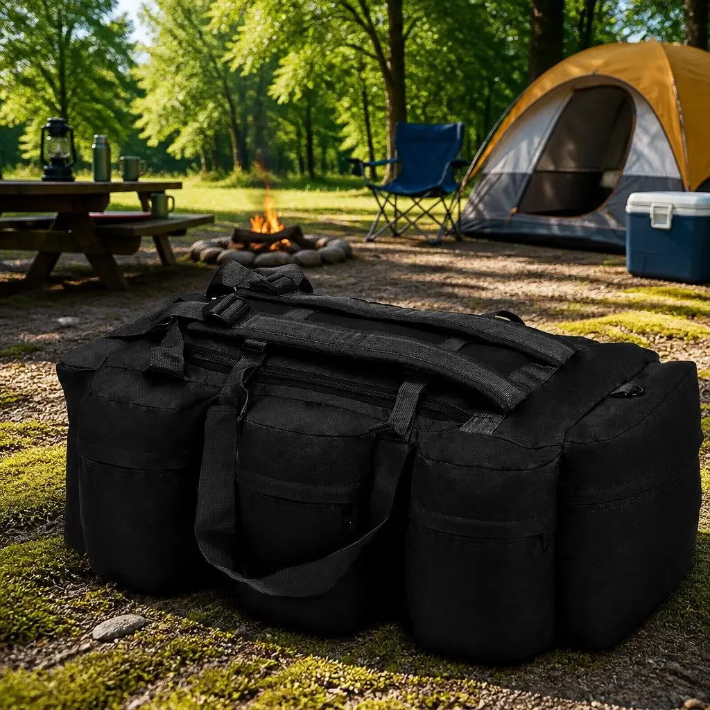 45L Duffel Bag Coated Oxford Fabric 3-in-1 Shoulder Backpack Black Outdoor Travel Camping