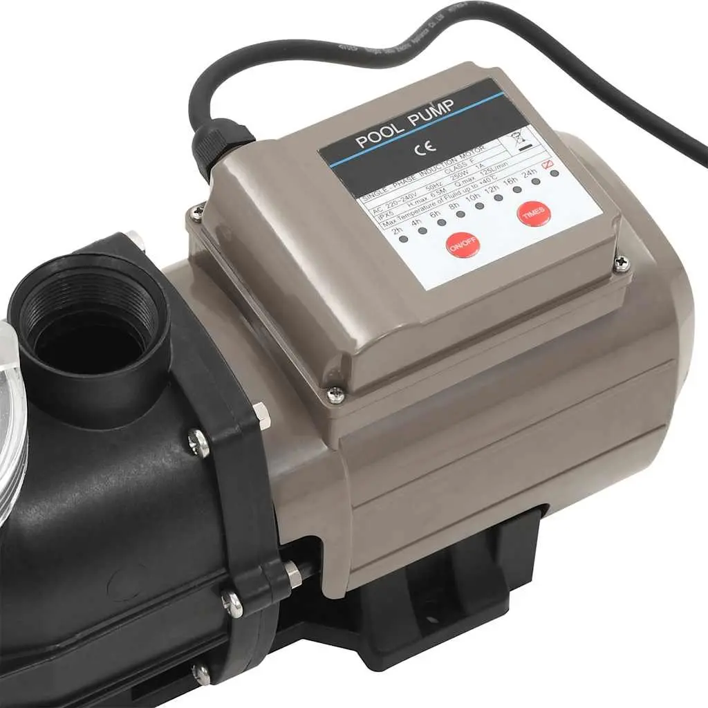 Pool Pump 0.25 HP Black Steel Plastic Construction Above Ground Swimming Circulation System with Timer 8000 L/h