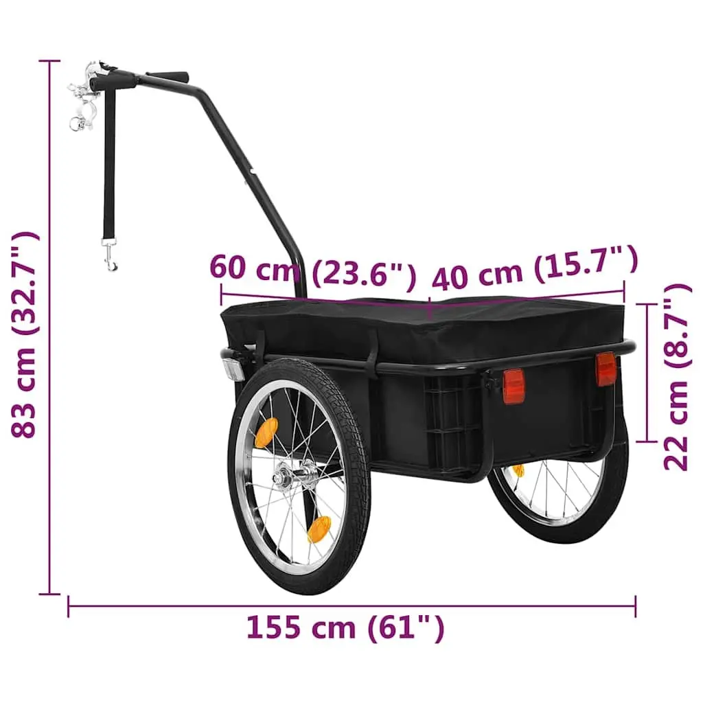 Bike Trailer Hand Wagon Heavy Duty Black Transport Crate Steel Frame 155x60x83cm