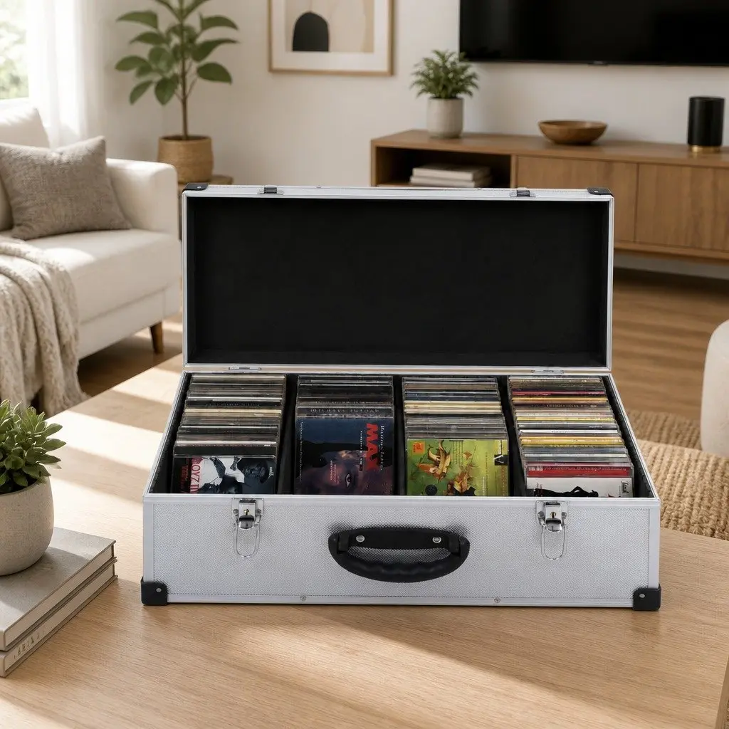 CD Case Wood with ABS Layer and Aluminium Trimming for 80 CDs Silver