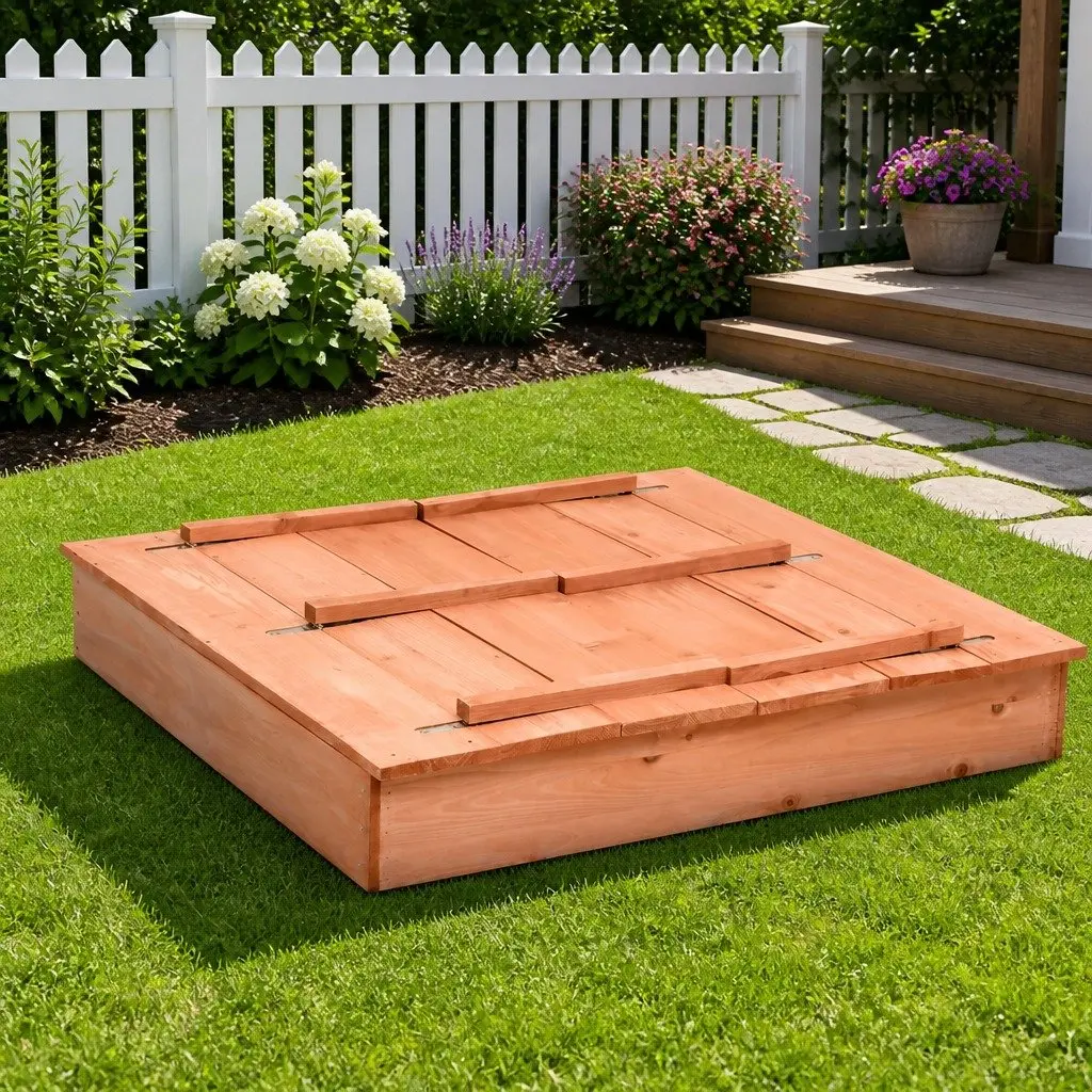Wooden Sandbox Fir Wood 95x90x15cm Brown Outdoor Sandpit with Folding Lid and Bench Seats