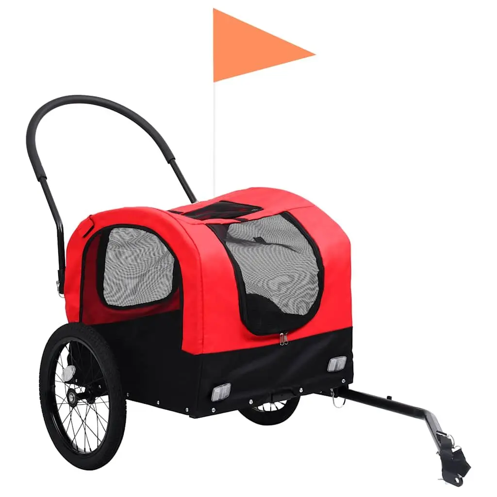 2in1DogCartPetBikeTrailerJoggingStrollerRedBlackDurableSteelFrameOxfordFabricMeshWindowsSwivelWheelSuspensionSystem