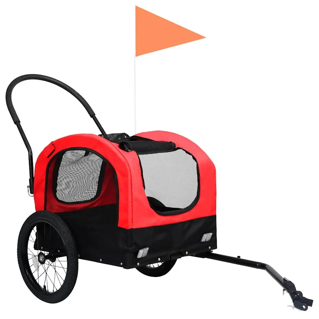 2in1DogCartPetBikeTrailerJoggingStrollerRedBlackDurableSteelFrameOxfordFabricMeshWindowsSwivelWheelSuspensionSystem