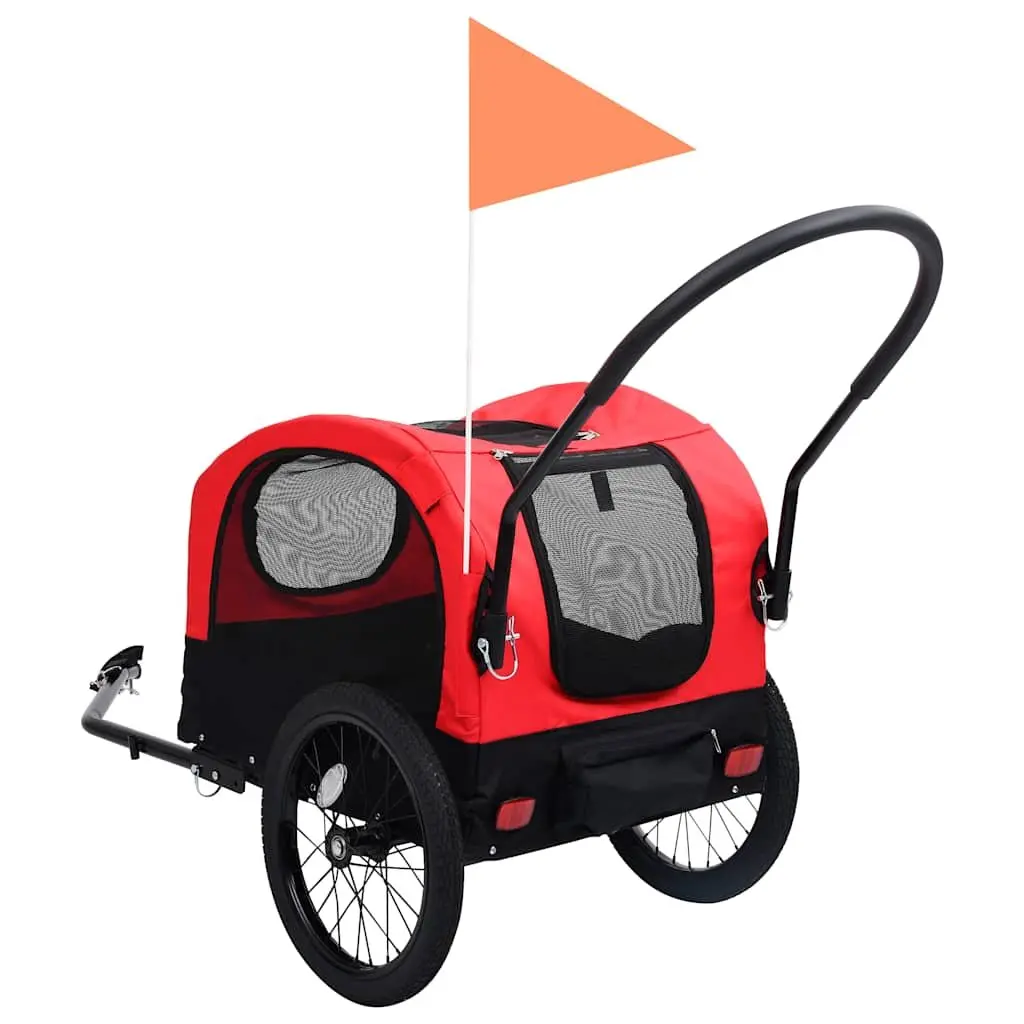 2in1DogCartPetBikeTrailerJoggingStrollerRedBlackDurableSteelFrameOxfordFabricMeshWindowsSwivelWheelSuspensionSystem