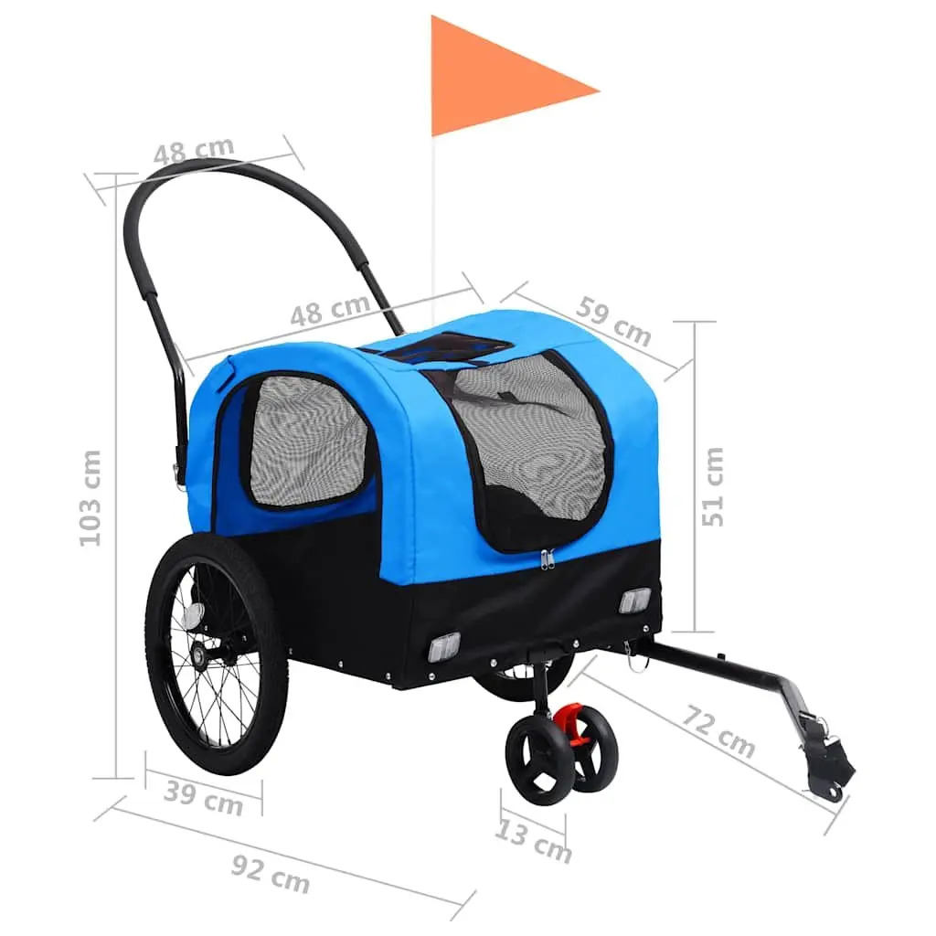 Pet Bike Trailer Jogging Stroller Blue Black 2 in 1 Steel Oxford Construction