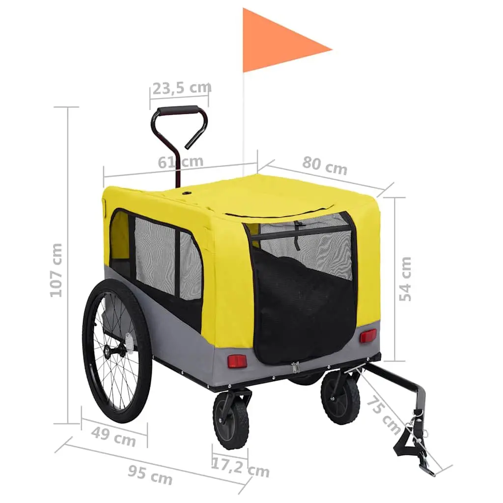2-in-1 Pet Bike Trailer Jogging Stroller Dogs Cats Yellow Grey Suspension
