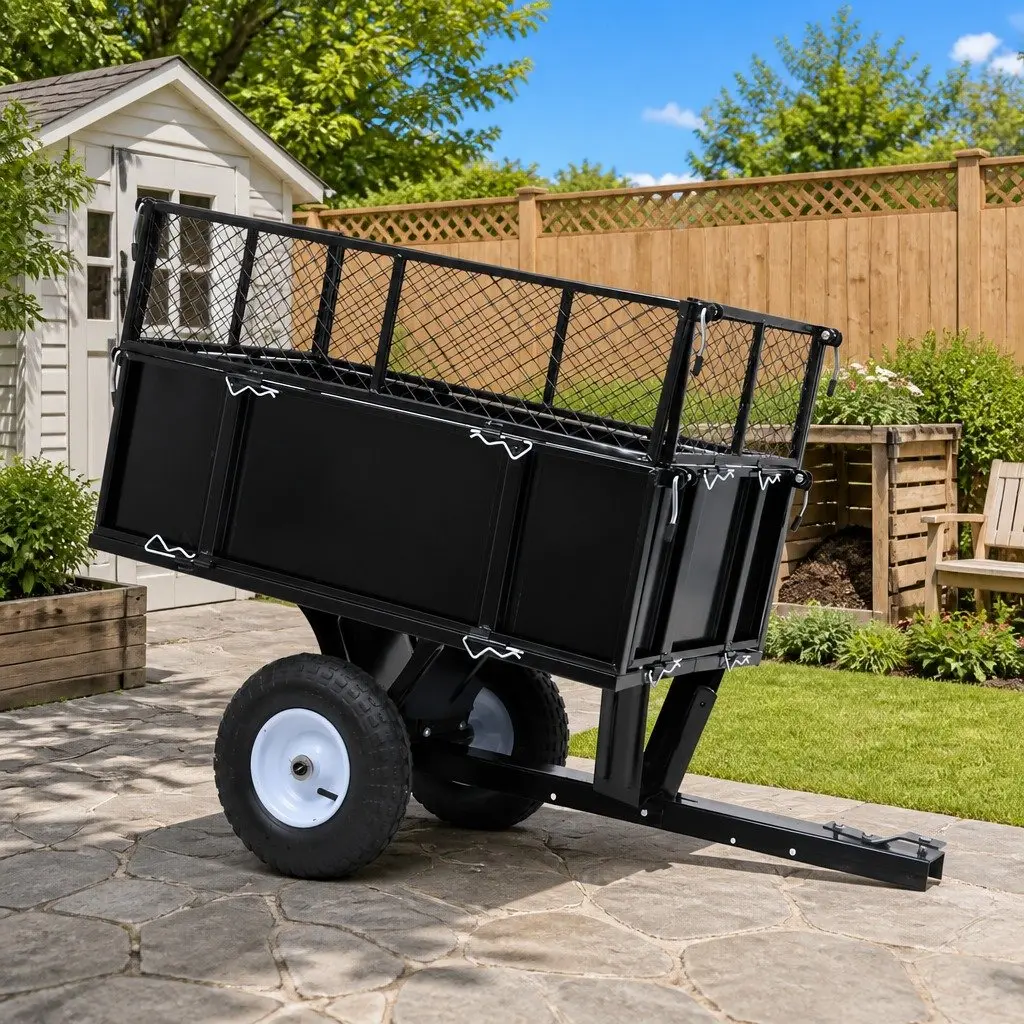 Tipping Trailer for Lawn Mower Adjustable Height 150 kg Load Capacity Garden Trolley