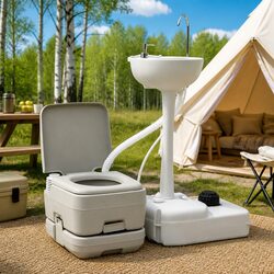 Portable Camping Toilet Set 10L Waste 10L Fresh Water Handwash Station 20L Grey