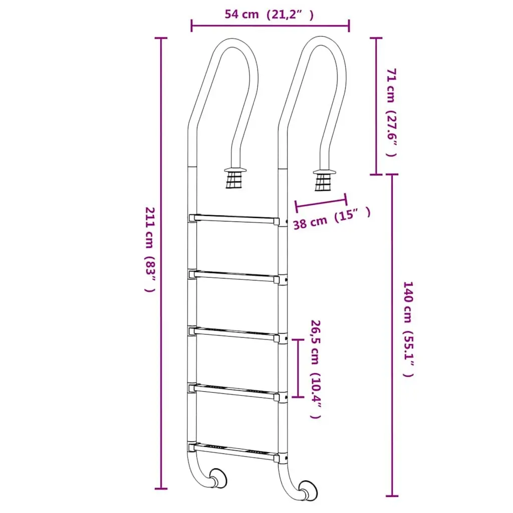 Swimming Pool Ladder Stainless Steel Non-Slip Step Handrail 54x38x211 cm Silver