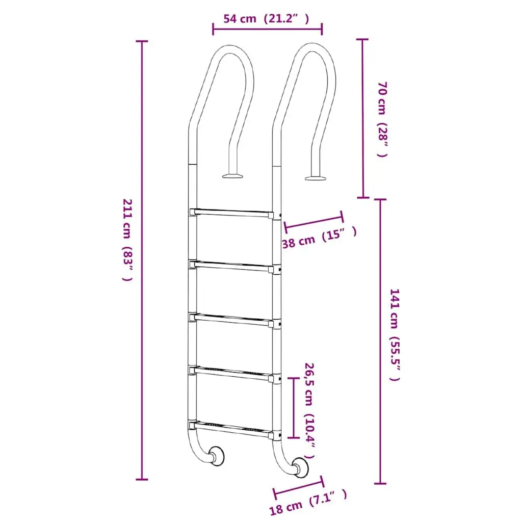 Pool Ladder Stainless Steel 54x38x211 cm Silver Non-Slip Handrail