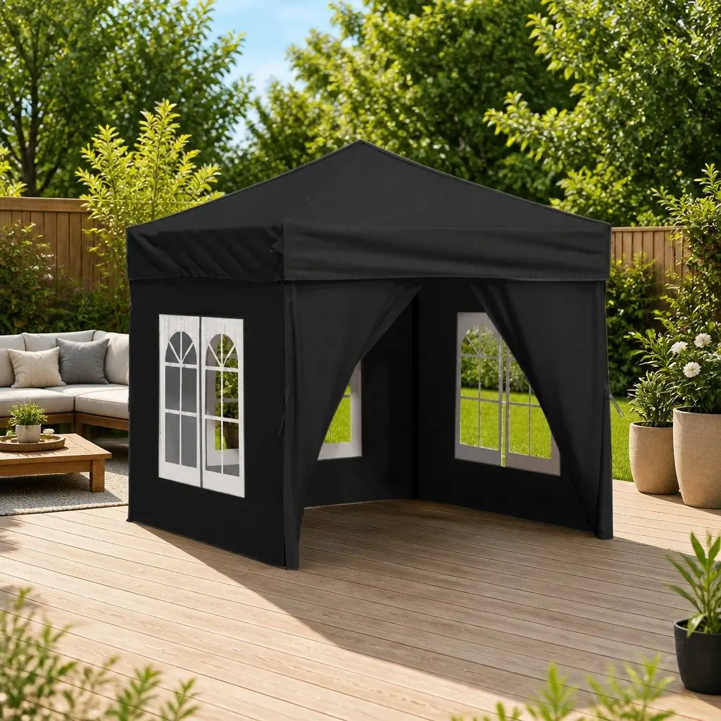 Folding Canopy Tent Outdoor 2x2m Black with Side Walls UV Resistant Water Resistant