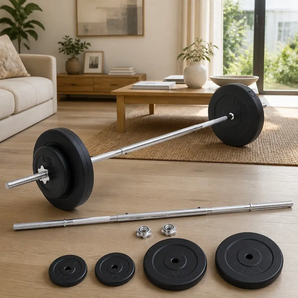 30kg Barbell Set Chrome Plated Steel Red Plates for Weight Training Home Gym Fitness Exercise