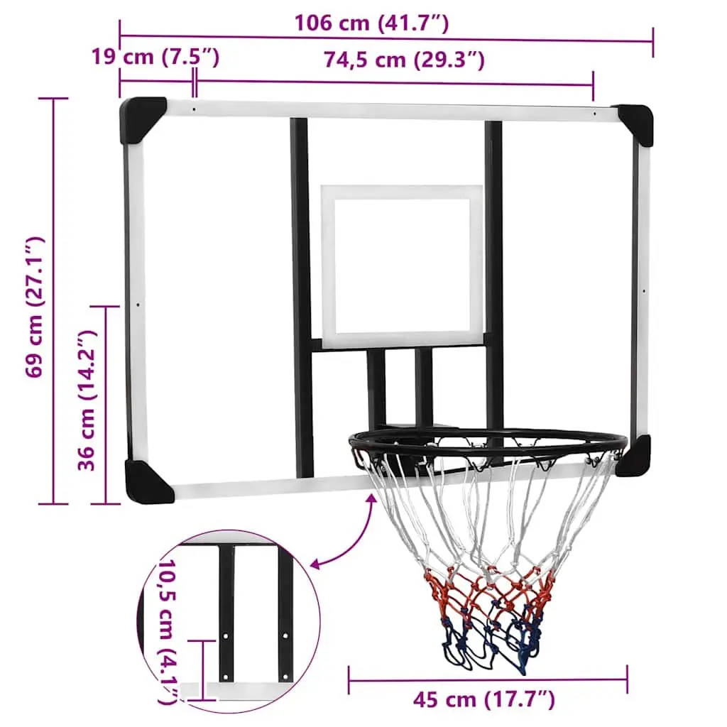 Basketball Backboard Polycarbonate 106x69cm Transparent Wall-Mounted Indoor Outdoor