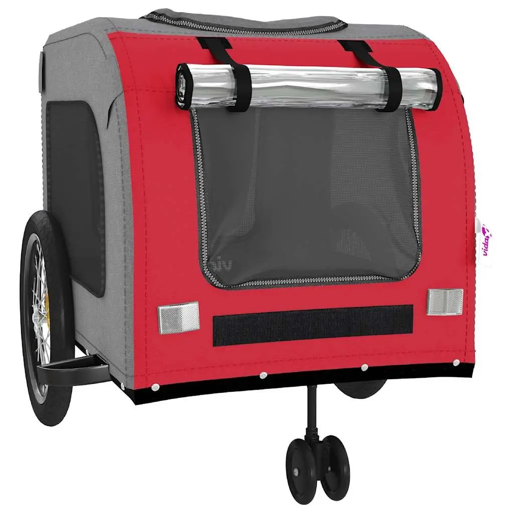Pet Bike Trailer Oxford Fabric Iron Frame Red 3 Wheels Mesh Windows Zippered Doors