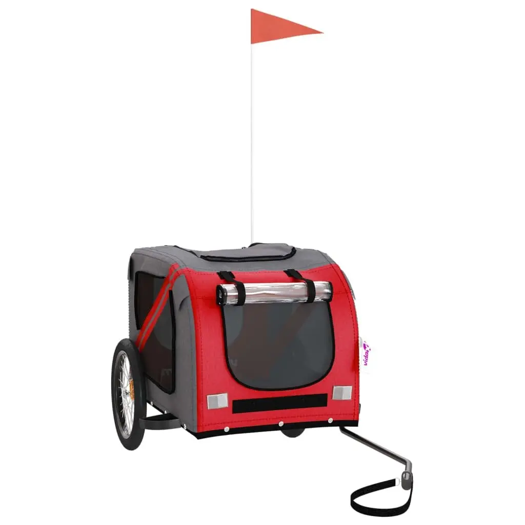 Pet Bike Trailer Oxford Fabric Iron Frame Red Grey Zippered Doors Mesh