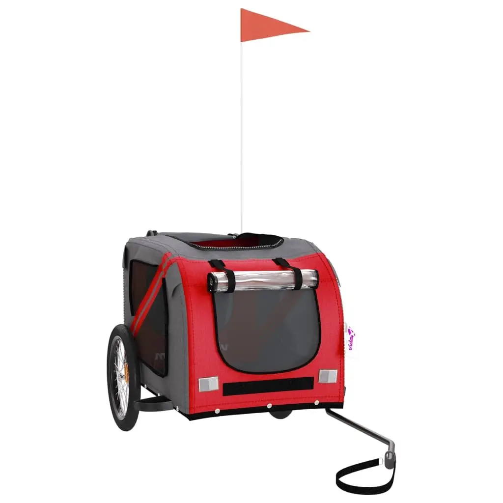 Pet Bike Trailer Oxford Fabric Iron Frame Red Grey Zippered Doors Mesh