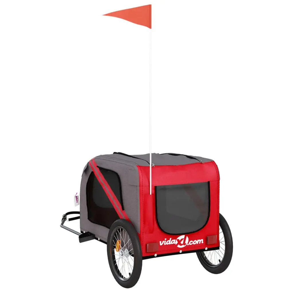 Pet Bike Trailer Oxford Fabric Iron Frame Red Grey Zippered Doors Mesh