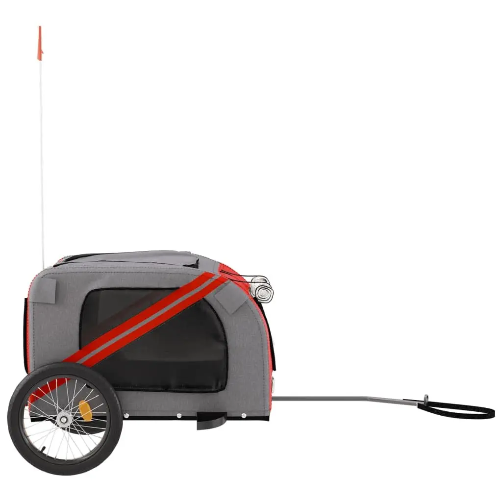 Pet Bike Trailer Oxford Fabric Iron Frame Red Grey Zippered Doors Mesh