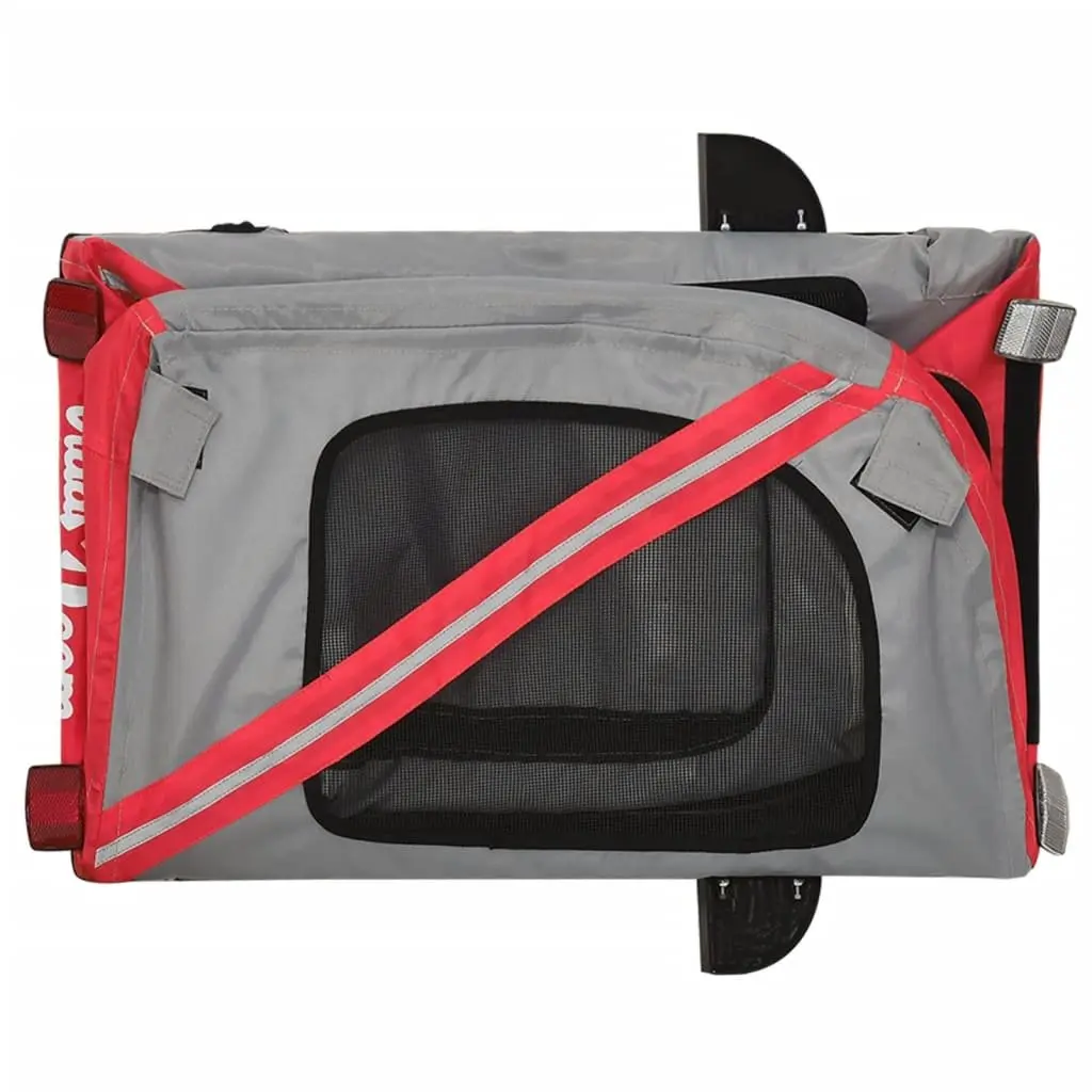 Pet Bike Trailer Oxford Fabric Iron Frame Red Grey Zippered Doors Mesh