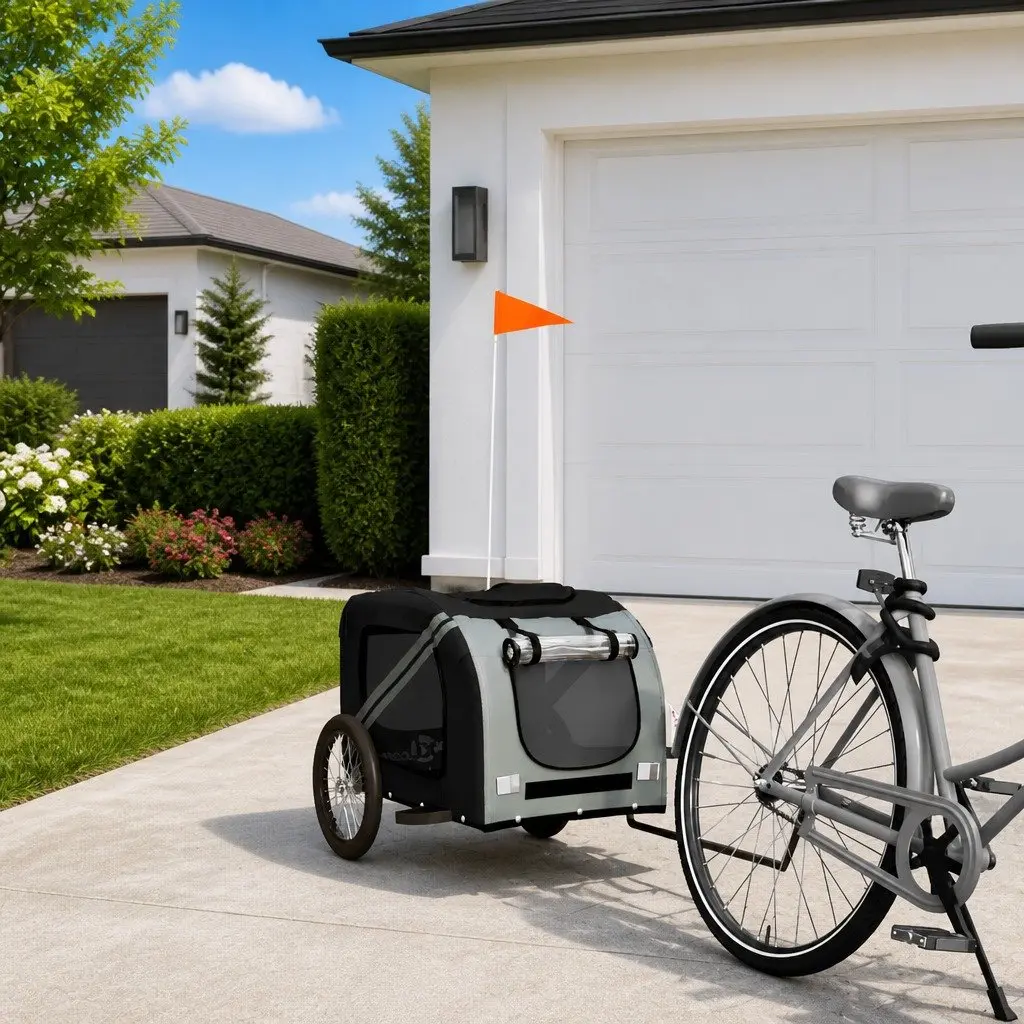 Pet Bike Trailer Iron Frame Grey Oxford Fabric Wheels