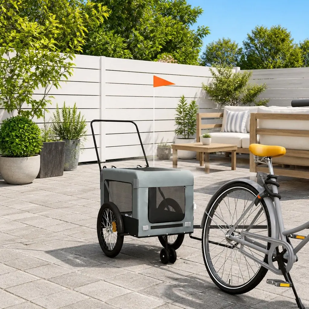 Pet Bike Trailer Iron Frame Oxford Fabric Grey and Black for Small Dog Cat Carrier Tow Behind Bicycle
