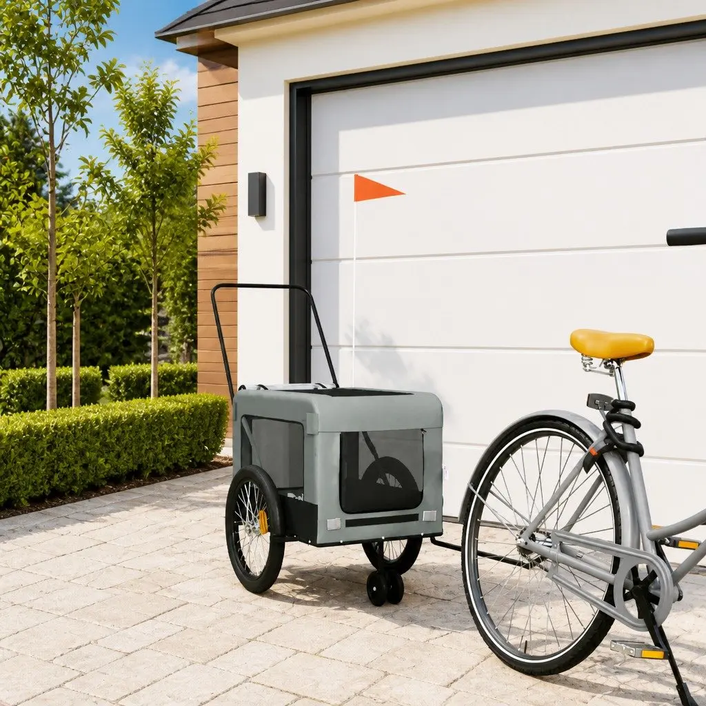 Pet Bike Trailer Iron Frame Oxford Fabric Grey Small Dogs Carrier