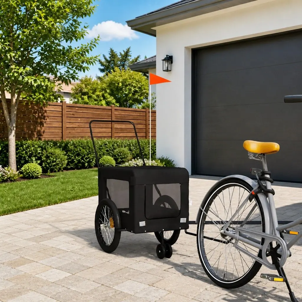 Pet Bike Trailer Oxford Fabric Iron Frame Black Two Wheels One Front Wheel Zippered Doors Mesh Windows
